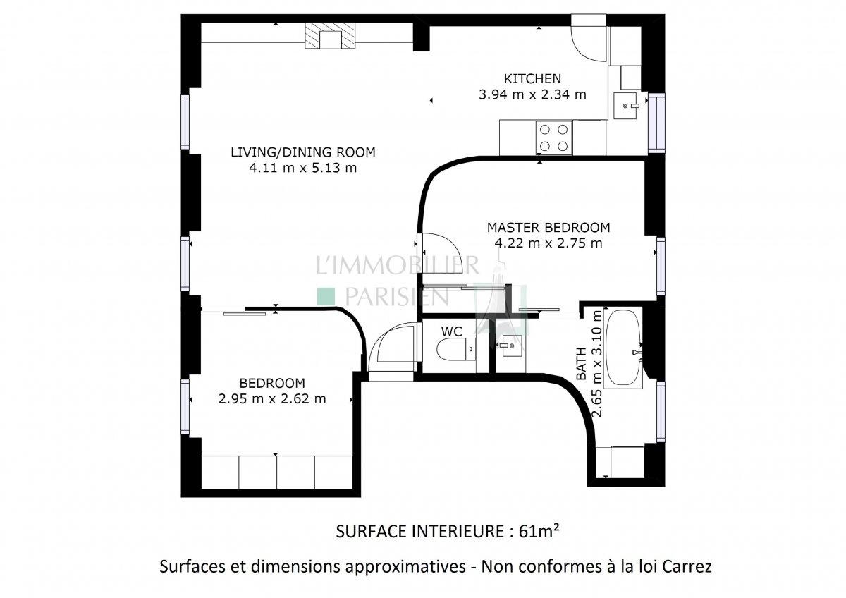 Vente Appartement  3 pices - 56.53m 75017 Paris