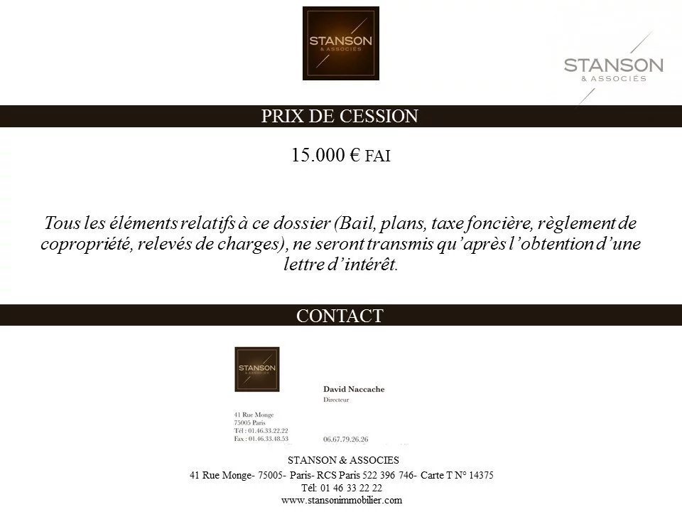 Vente Local commercial  - 25m 75013 Paris 13me